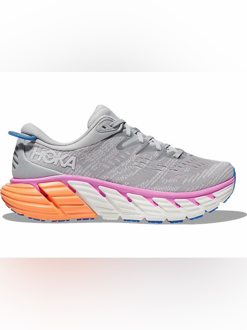 Hoka Women's Light Gray Running Shoe with Pink & Orange Midsole- practically new